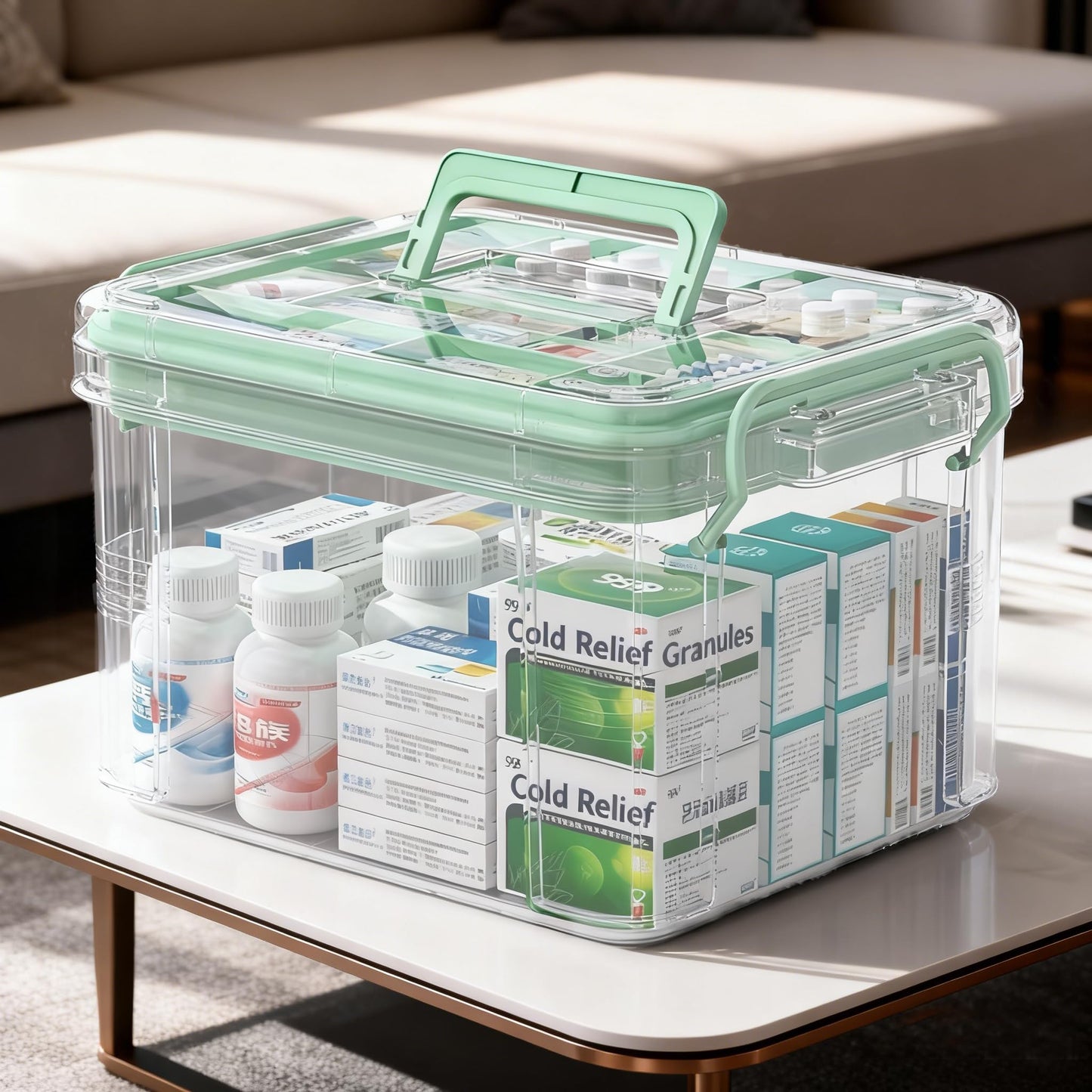 UFI Clear Medicine Storage Box with Lids, 2 Pack Portable First Aid Organizer with Handle, Stackable Storage Containers for Family Medical Supplies, Bathroom, Bedroom, Office(GREEN)