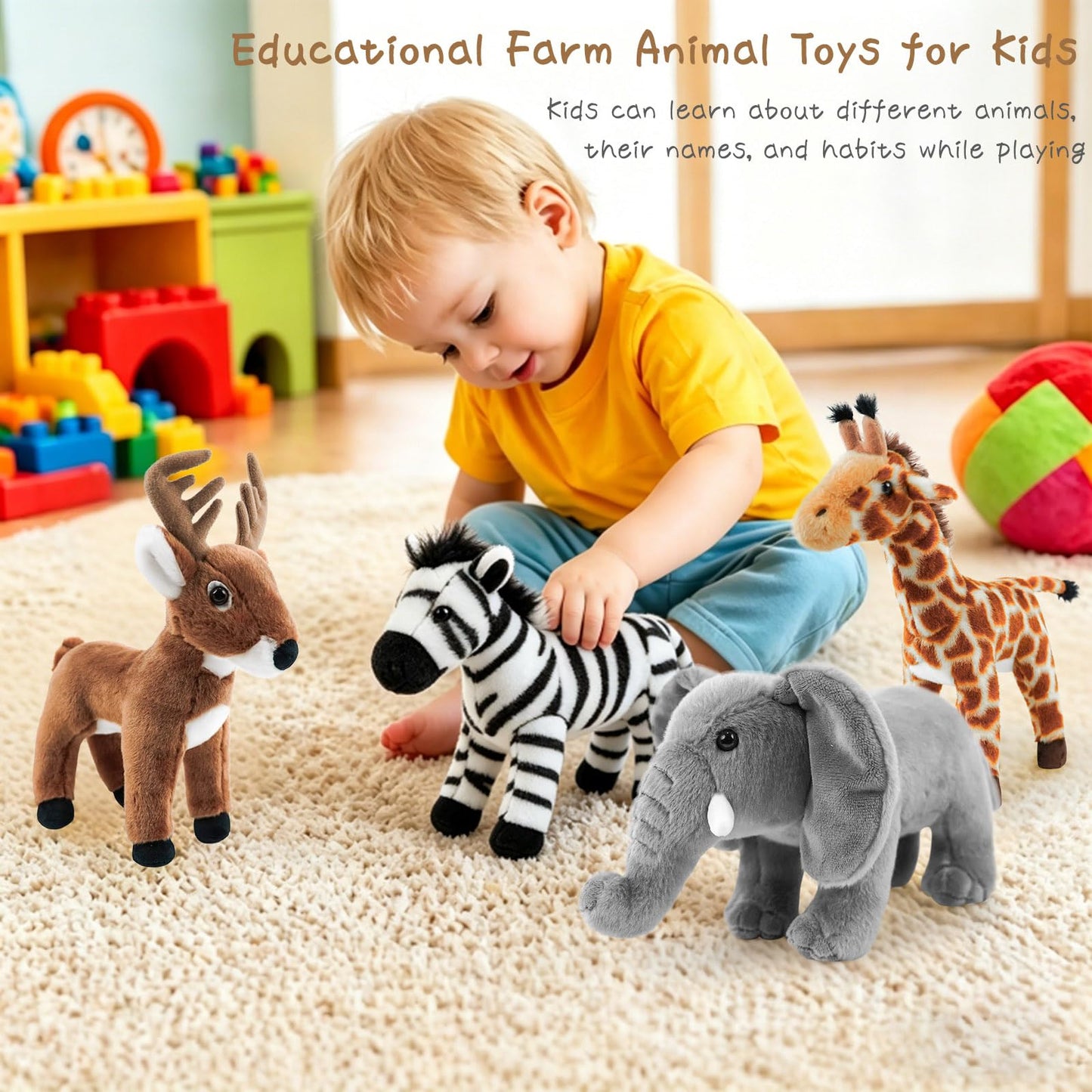 4-Pack 8" Plush Safari Stuffed Animals Set – Giraffe, Zebra, Deer and Elephant, Ultra Soft Washable Jungle Toys for Kids, Adorable Nursery Decor for Toddlers
