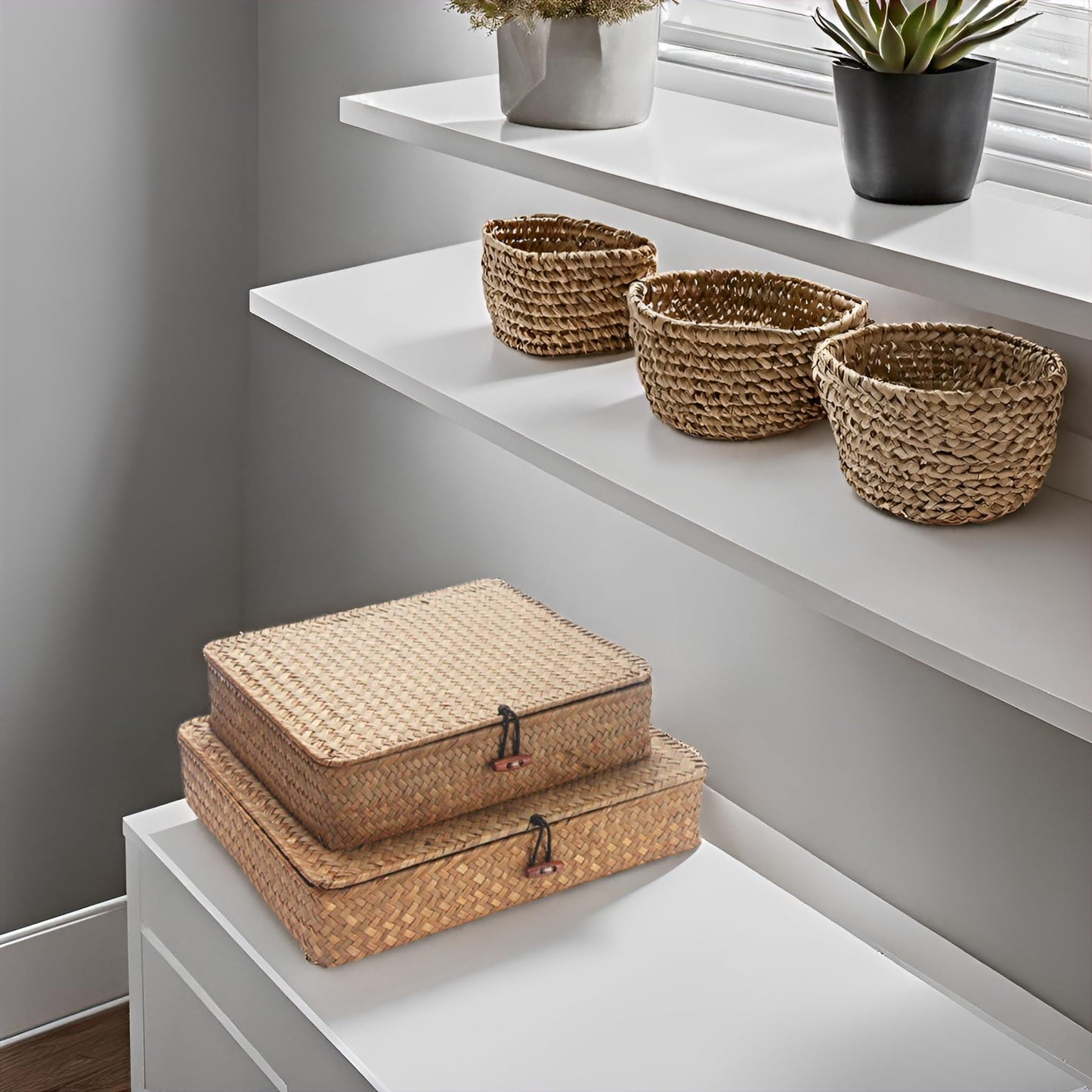 Seagrass Storage Baskets with Lid, Flat Wicker Basket, Shallow Woven Basket for Shelf, Decorative Storage Boxes for Organizing