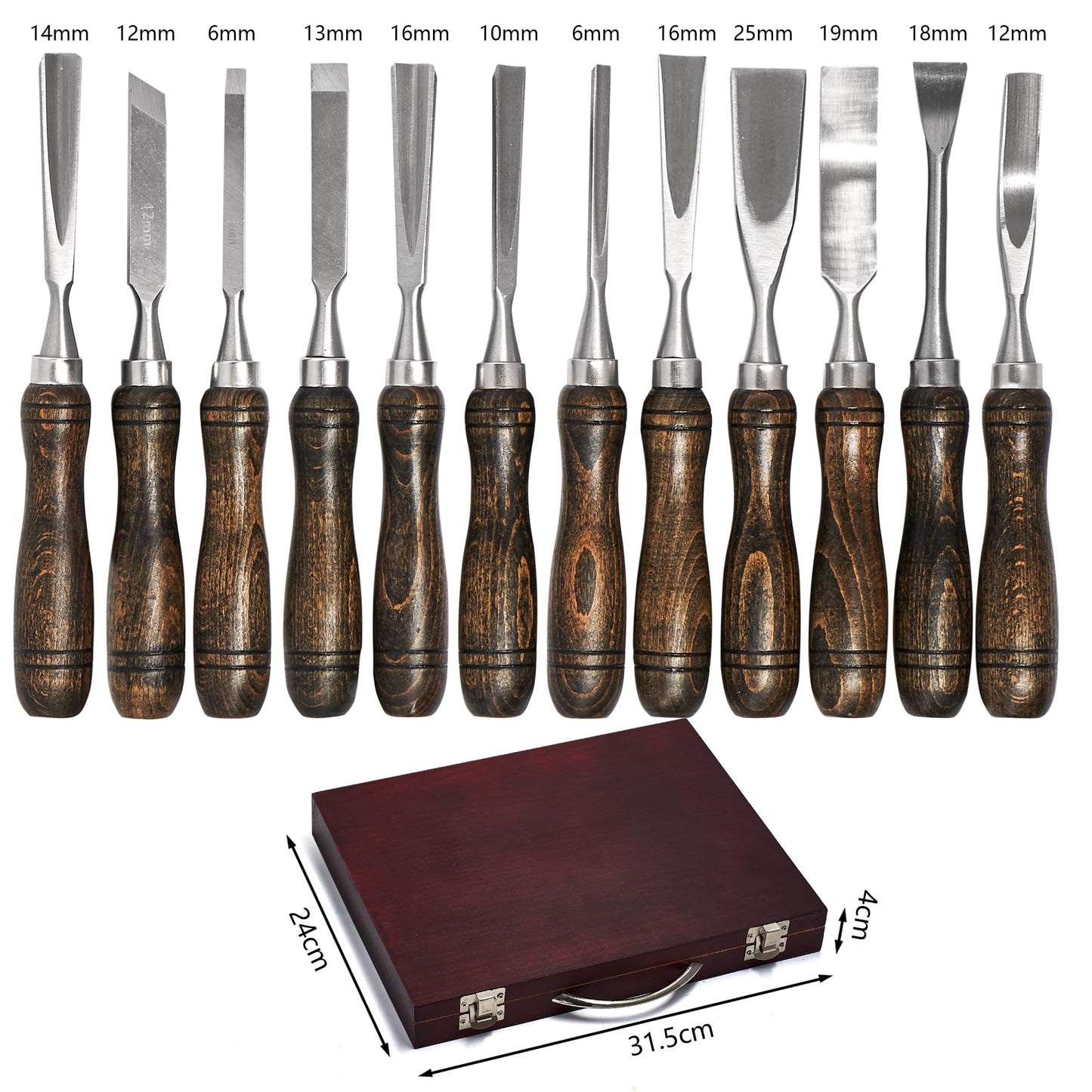 SELFIE CAT 12 Piece Wood Chisel Set for Woodworking Tools Wood Carving Tools with Wooden Case Wood Carving Kit for Beginners and Professionals Black Walnut