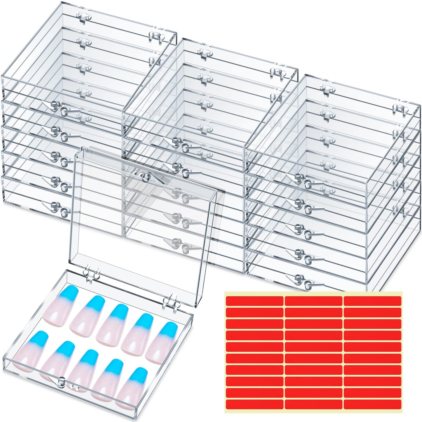 Landhoow 30 Pcs Press on Nail Storage Box with Adhesive Double Sided Tape Acrylic Artificial False Nail Packaging Display Case Organizer for Home Business Salon Supplies (Clear)