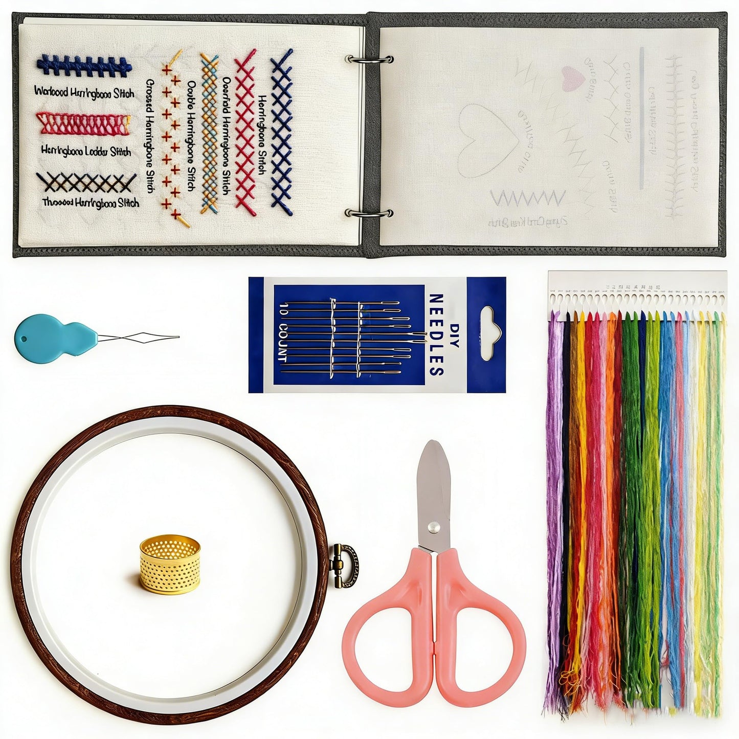 NFEHGXAE Beginner Embroidery Stitch Book Kit with Fabric Pages, 106 Stitches in Structured Learning Order for Adults, Complete DIY Sewing Kit with Patterns, Guide & Tools, Gift for Women