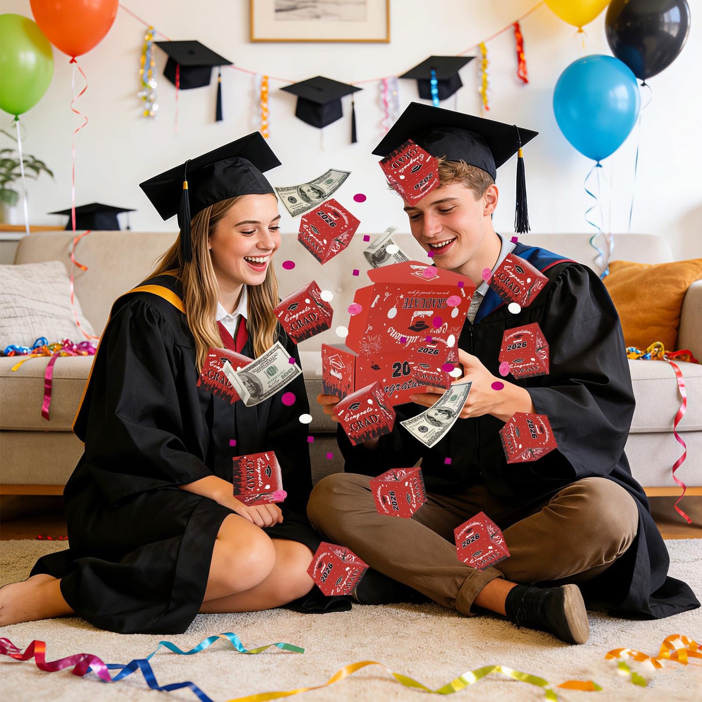 Surprise Gift Box Explosion for Money, Unique Folding Bouncing Red Envelope Gift Box with Confetti, Cash Explosion Luxury for Birthday Anniversary Valentine Proposal (15 Bounces) (Graduation - Red)