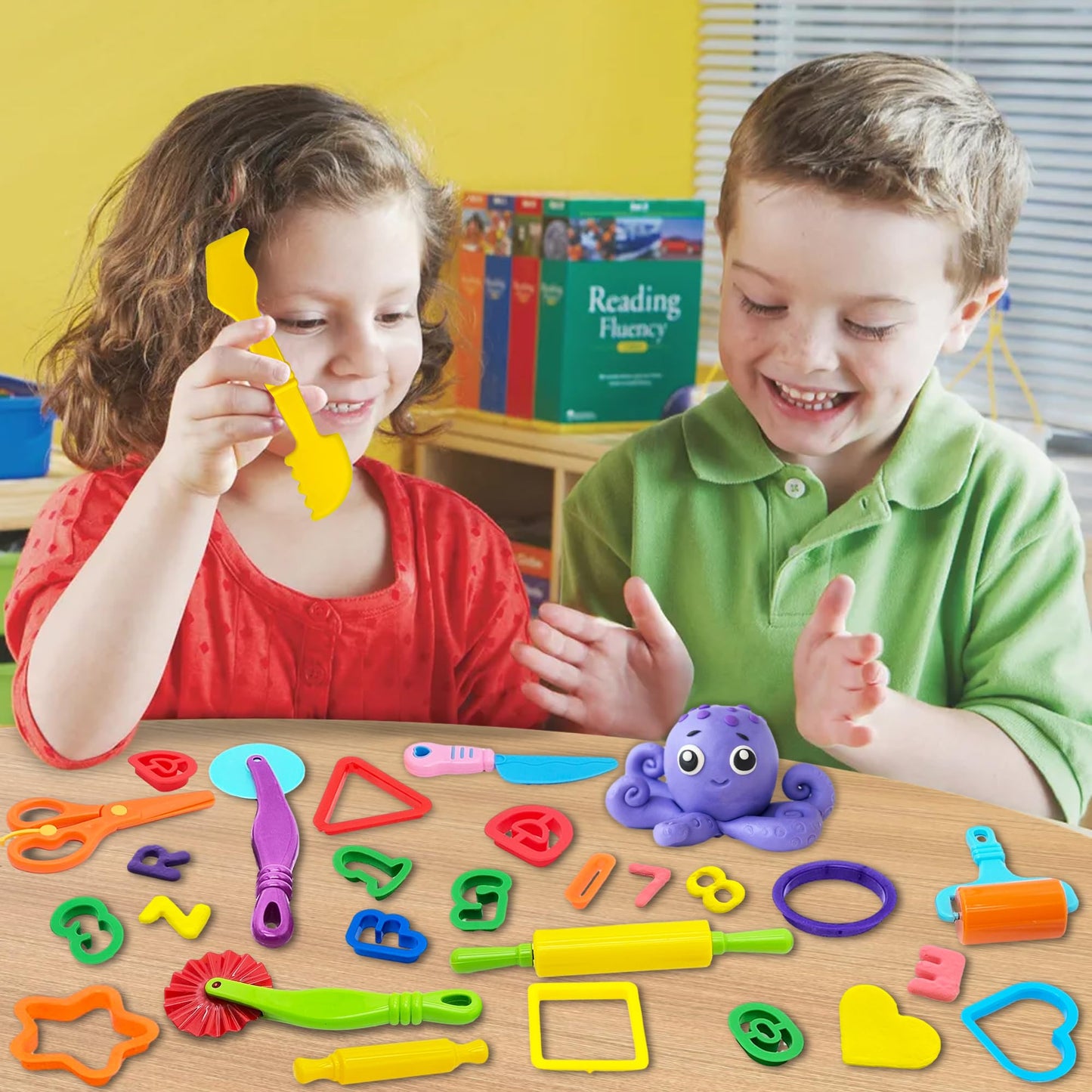 iShyan Dough Tools 55 PCS Dough Play Tools Set for Kids, Plastic Alphabet Numbers Shapes Cutters, Rollers, Scissors