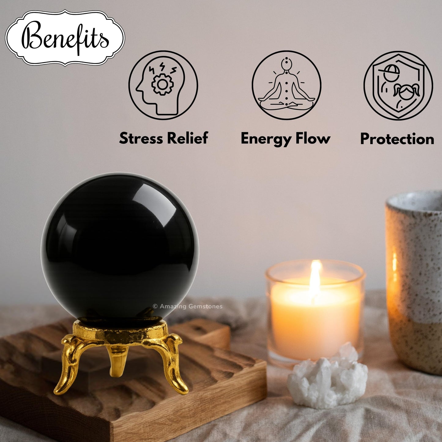 Amazing Gemstone Black Obsidian Crystal Ball with Stand - 2" Inches Crystal Sphere Meditation Balls for Witchcraft and Decorative Balls