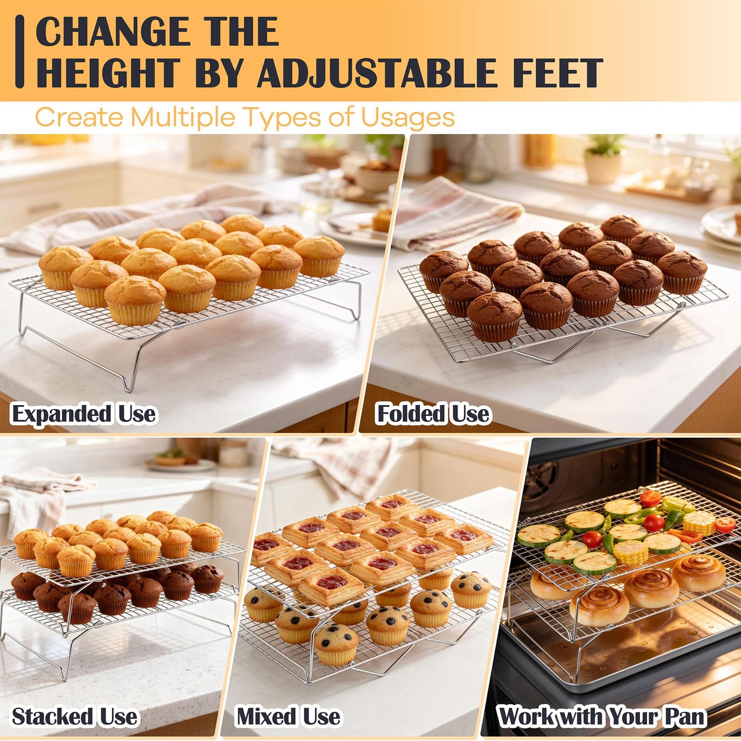 P&P CHEF Cooling & Baking Rack, 4-Tier Stainless Steel Stackable Grid Cooking Racks for Cooling Roasting Grilling, Collapsible & Heavy Duty, Oven & Dishwasher Safe, 15" x 10"