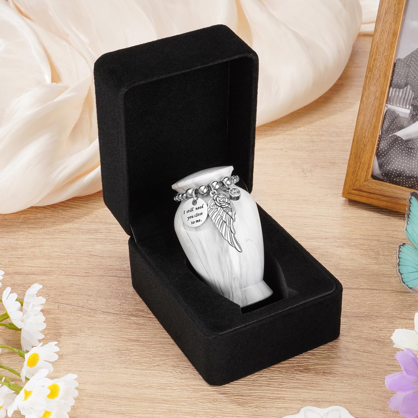 Dletay Small Urns for Human Ashes Keepsake with Box 2.85 Inch Memorial Mini Cremation Urn for Women Men Aluminum Decorative Funeral Urns - Marble White