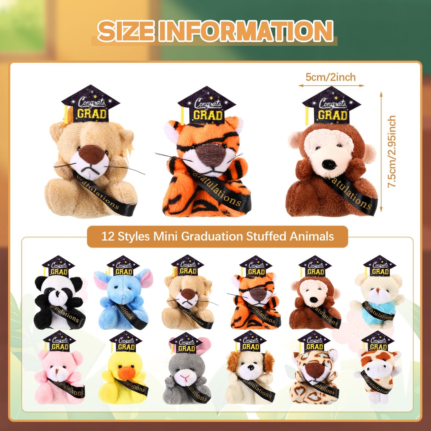 MiniInflat 12 Pcs Mini Graduation Stuffed Animal Bulk Tiny Congrats Grad Plush Small Animal Doll Keychain with Grad Hat for 2026 Graduation Party Favors Prek Kindergarten Classroom Exchange Gift