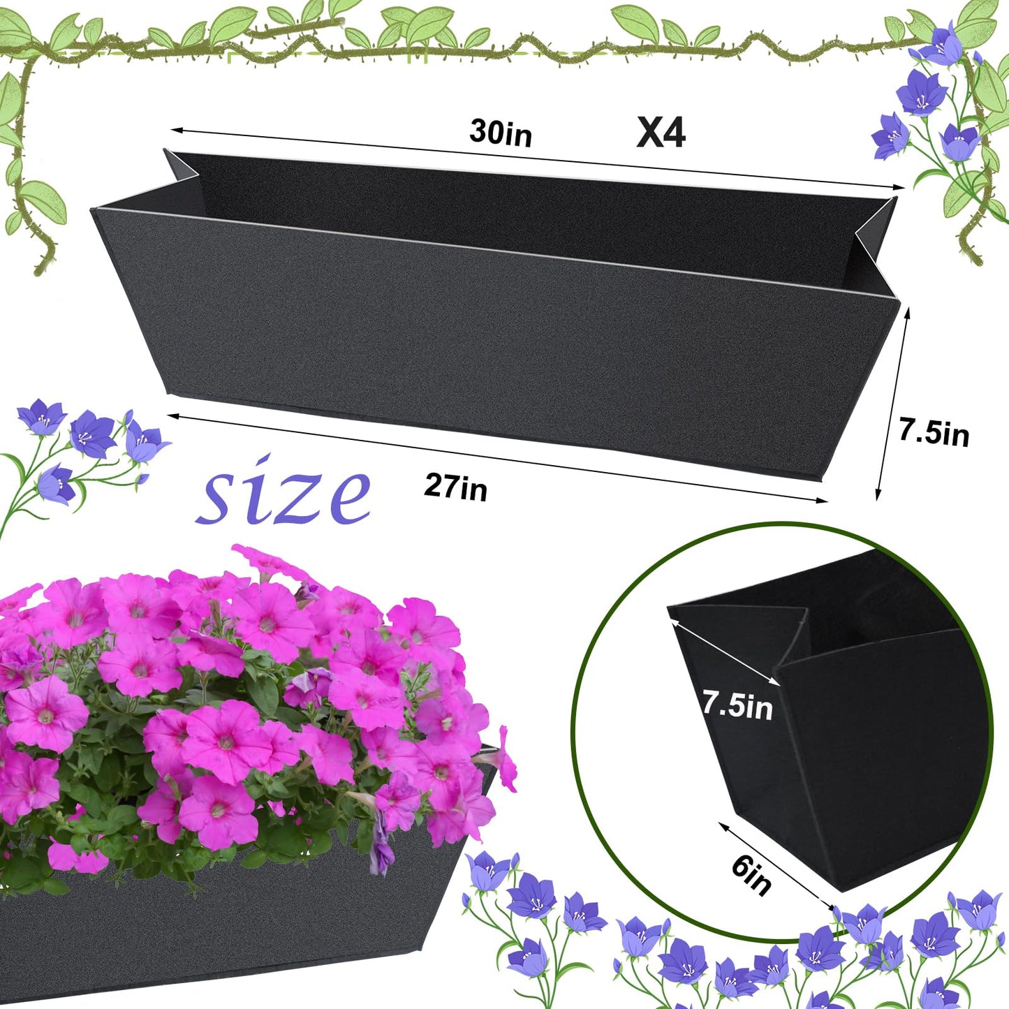 4PCS 30Inch Rectangle Window Box Liner Felt Planter Basket Liner Insert Black Plant Container Liners Non Woven Fabric Liner for Garden Fence Wall Railing Hanging Flower Pot - Avoid Bird Nesting