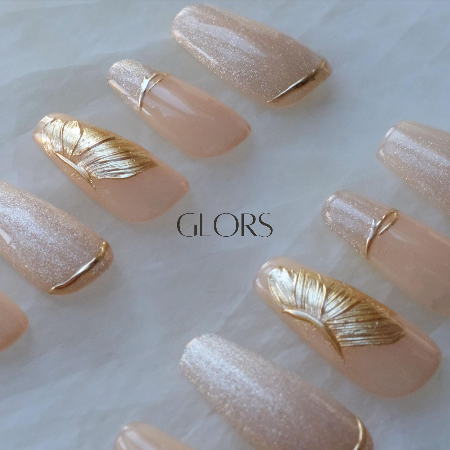 GLORS Press On Nails, Long Ballerina Style, Nude Pink with Gold Accents, 10 Pieces (Small,LB)
