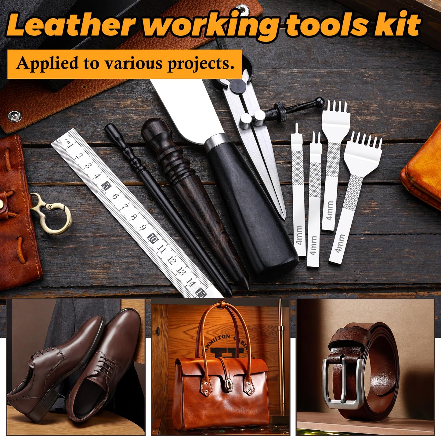 CBHGFEA Leather Working Tools Kit Includes Cutting Knife, Edge Burnisher, 1/2/4/6 Stitching Punch, Leather Compass Geometry Tool and Steel Ruler for DIY Leathercraft DIY Projects