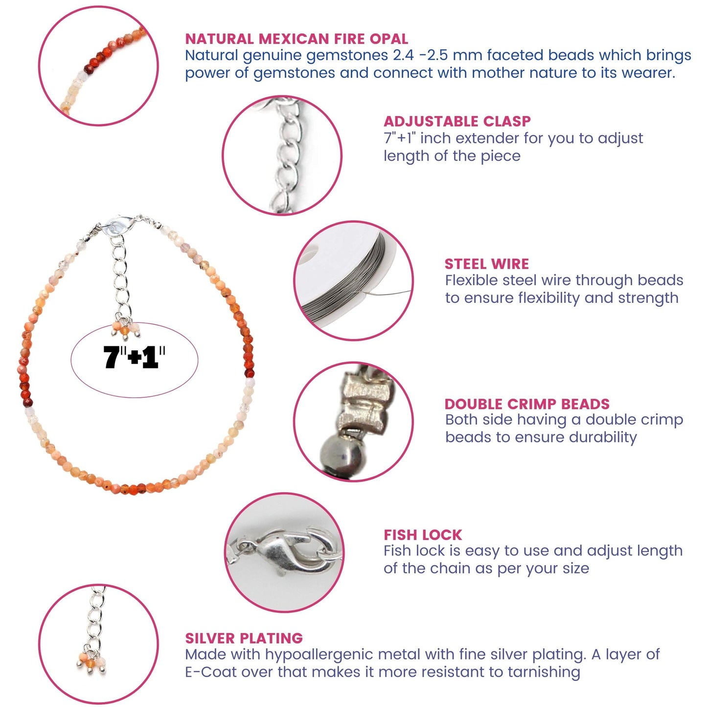 Gempires Handmade Mexican Fire Opal Gemstone Beaded Bracelet for Women | 2.4–2.5 mm Faceted Natural Stone | Adjustable 7+1 Inch Silver Plated Chain | Dainty Minimalist Stacking Jewelry | October Birthstone Gift