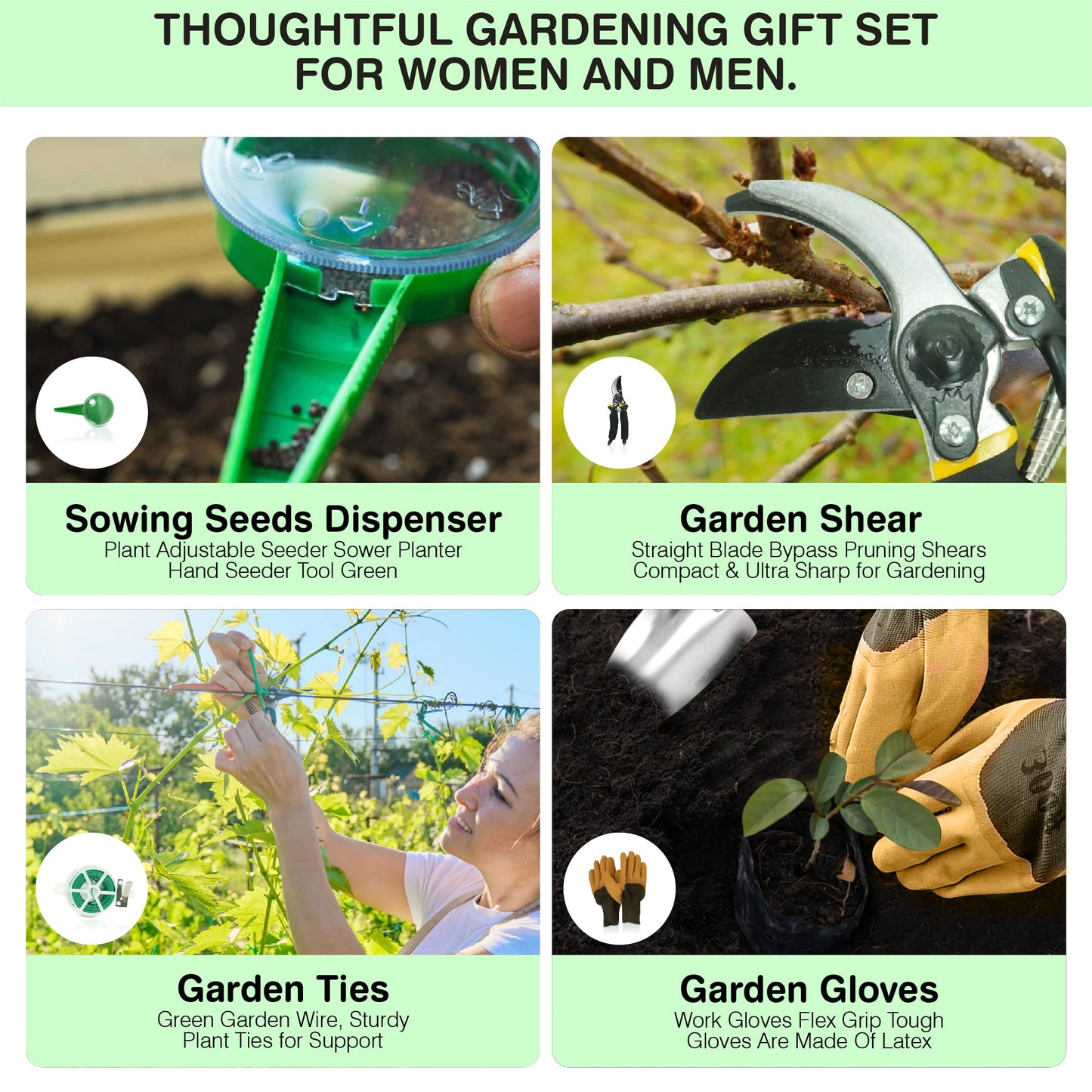 Natury Garden Tools Set – Premium Stainless Steel Gardening Hand Tools with Solid Beechwood Handle – Gardening Kit with Rake, Shovel, Gloves, Shears, Tool Organizer – Garden Gifts for Women and Men