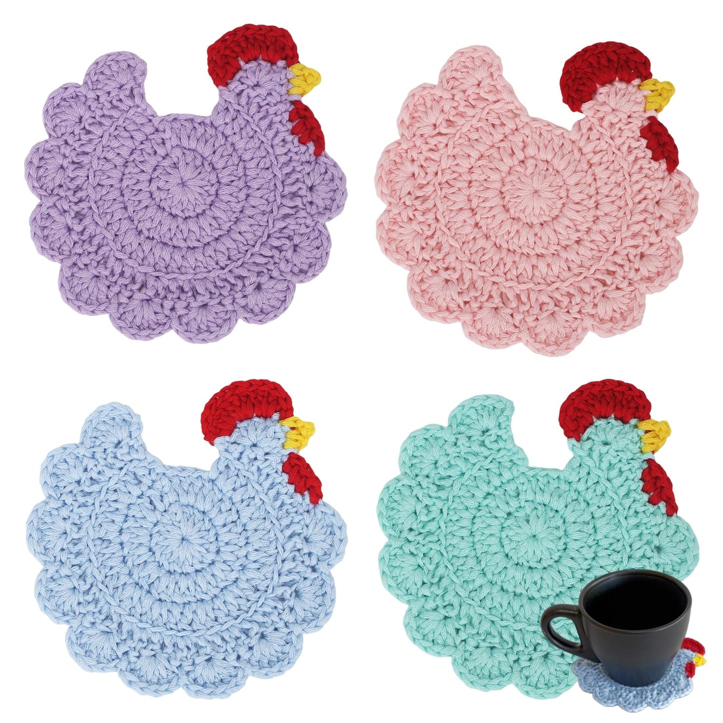 KHEIPHIR Chicken Coasters Set of 4, Handmade Crochet Chicken Decor for Desk, Cute Animal Drink Coasters, Funny Chicken Gifts for Women Style A