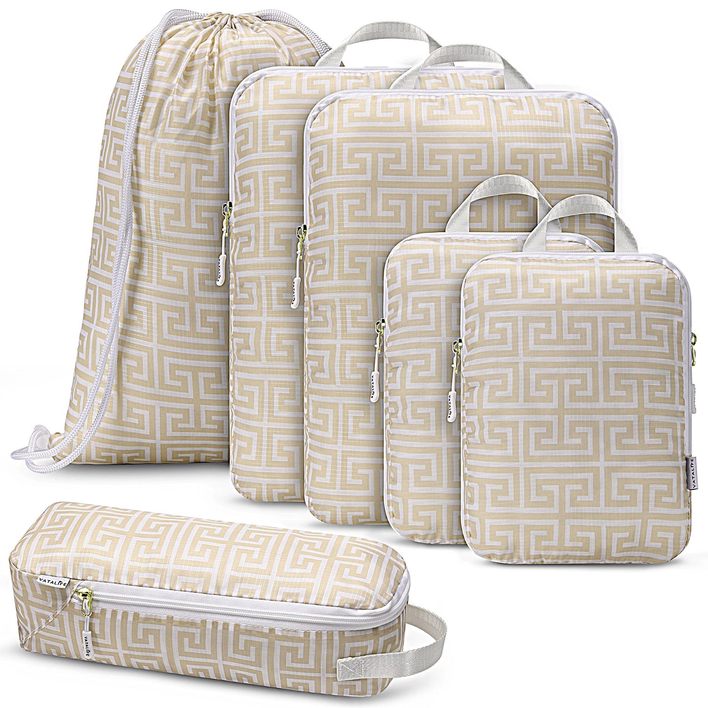 Vatalife Compression Packing Cubes for Travel 6PC Set - Suitcase Organizer & Space Saver Bags for Carry On Luggage with Drawstring Backpack Beige Boho