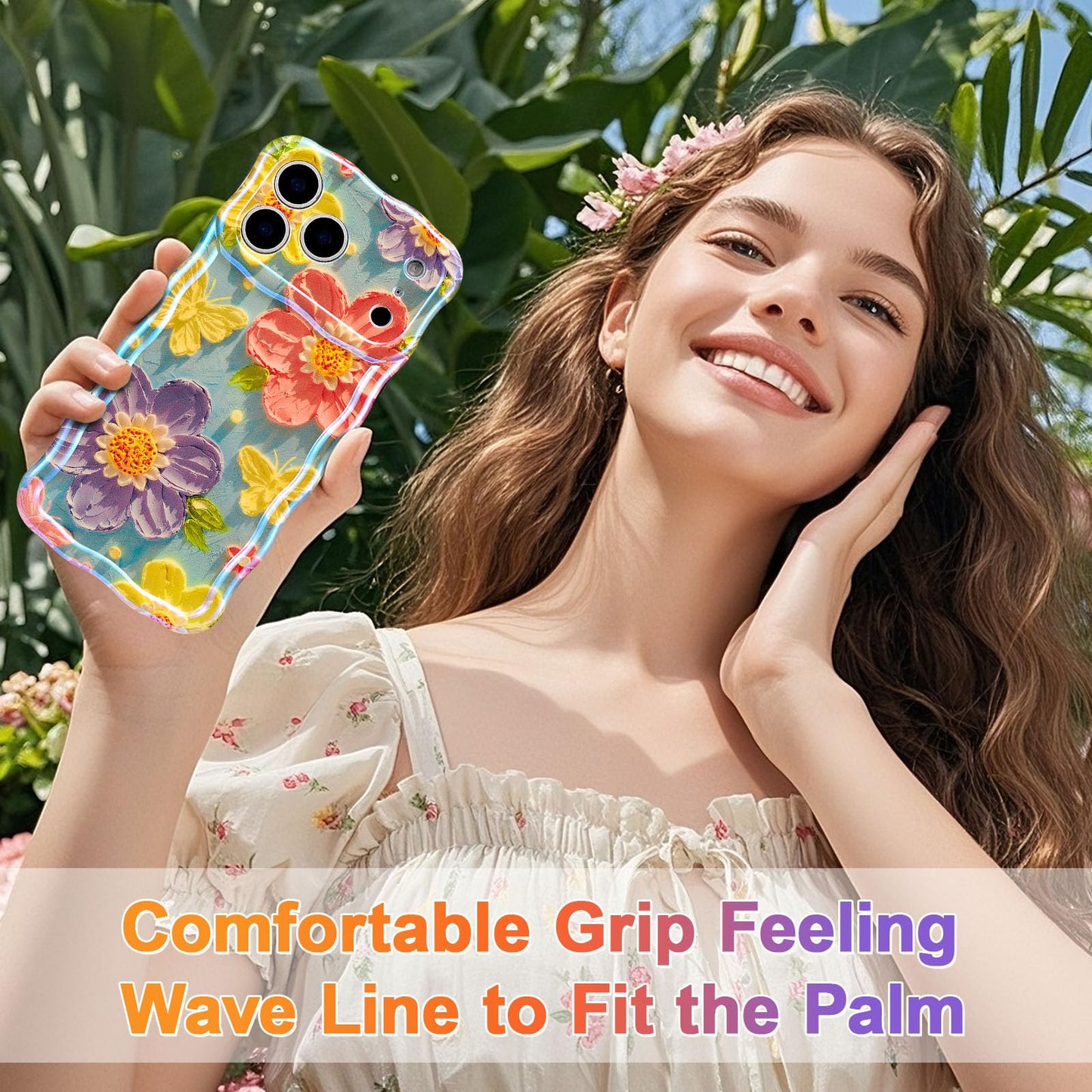 EYZUTAK Case for iPhone 17 Pro, Colorful Retro Oil Painting Flower Laser Glossy Pattern Cute Curly Wave Edge Exquisite Phone Cover Stylish Durable TPU Protective Case for Women - Butterfly Flower