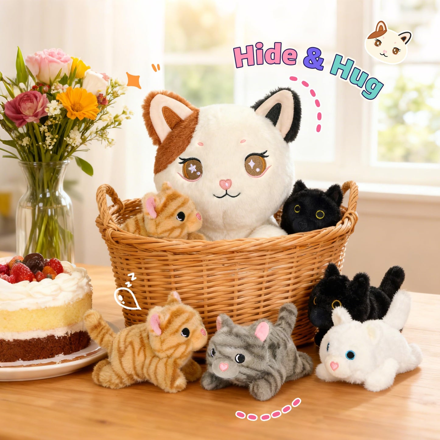 Onsoyours Original 5PC Cat Stuffed Animals with Babies Inside, Kawaii Kiity Plush with Mommy & 4 Kittens - Cute Plushies Toys for Girls Kids (White)