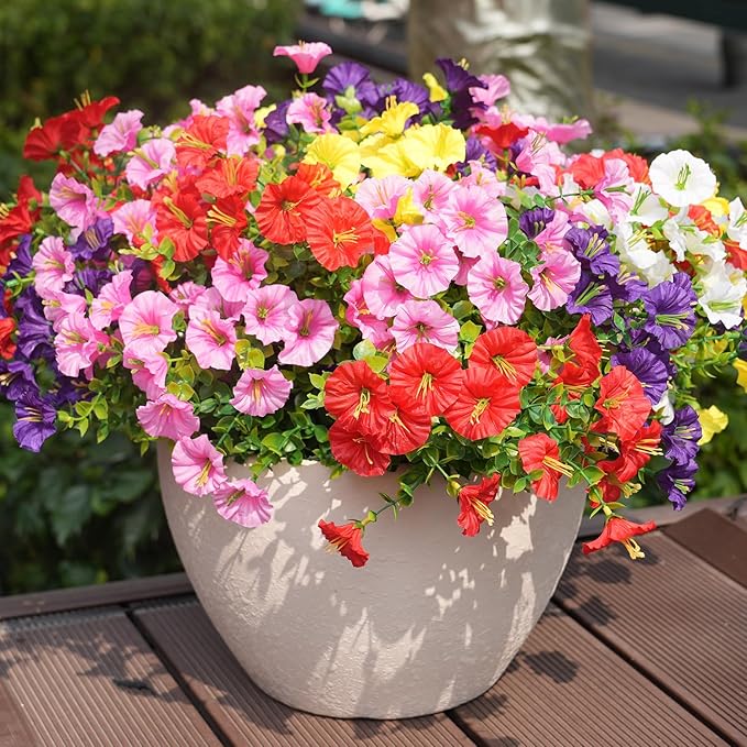 Artificial Flowers for Outdoors, UV Resistant Fake Silk Morning Glory, Realistic Faux Plants for Outside Porch Patio Window Box Hanging Planter (12, Purple White Yellow Pink Red)