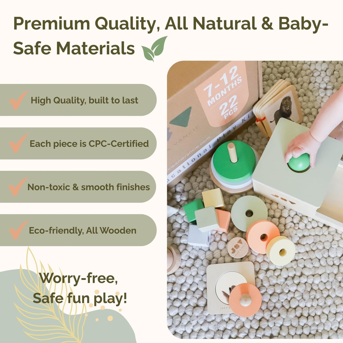 Jackie & Vancie Montessori Toy Set for Babies 7-12 Months Play Kit 6-in-1 Wooden Learning Toys with Object Permanence Box, Ring Stacker, Egg & Cup, Multipurpose Blocks and Mirror Puzzle