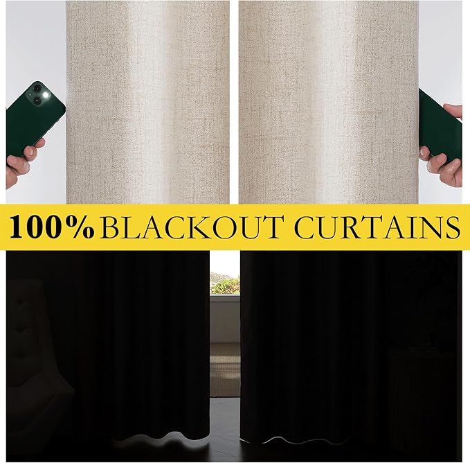 NICETOWN Oatmeal Vintage Open Linen Weave Flax Thermal Curtains, 100% Blackout Curtains 72" Long for Dining Room, Soundproof Window Treatment Drapes for Gym Room, 42" Wide Per Panel, Set of 2