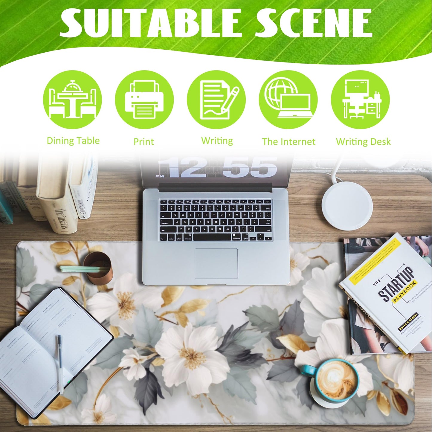 Eflxamz Desk Mat,White Gold Marble Desk Pad,White Flowers Golden Leaves Large Gaming Mouse Pad for Desk,Extended Big Computer Keyboard Mouse Pad with Non-Slip Base and Stitched Edge,35.4"x15.7"