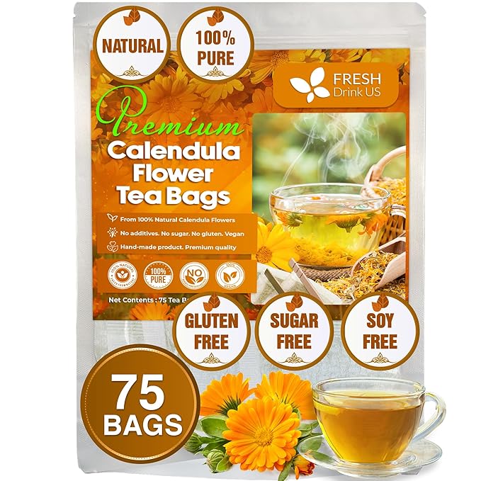 FRESHDRINKUS Calendula Tea Bags, 75 Count, Herbal, Vegan, Sugar Free, Caffeine Free, Gluten Free, 100% Natural Calendula Flowers
