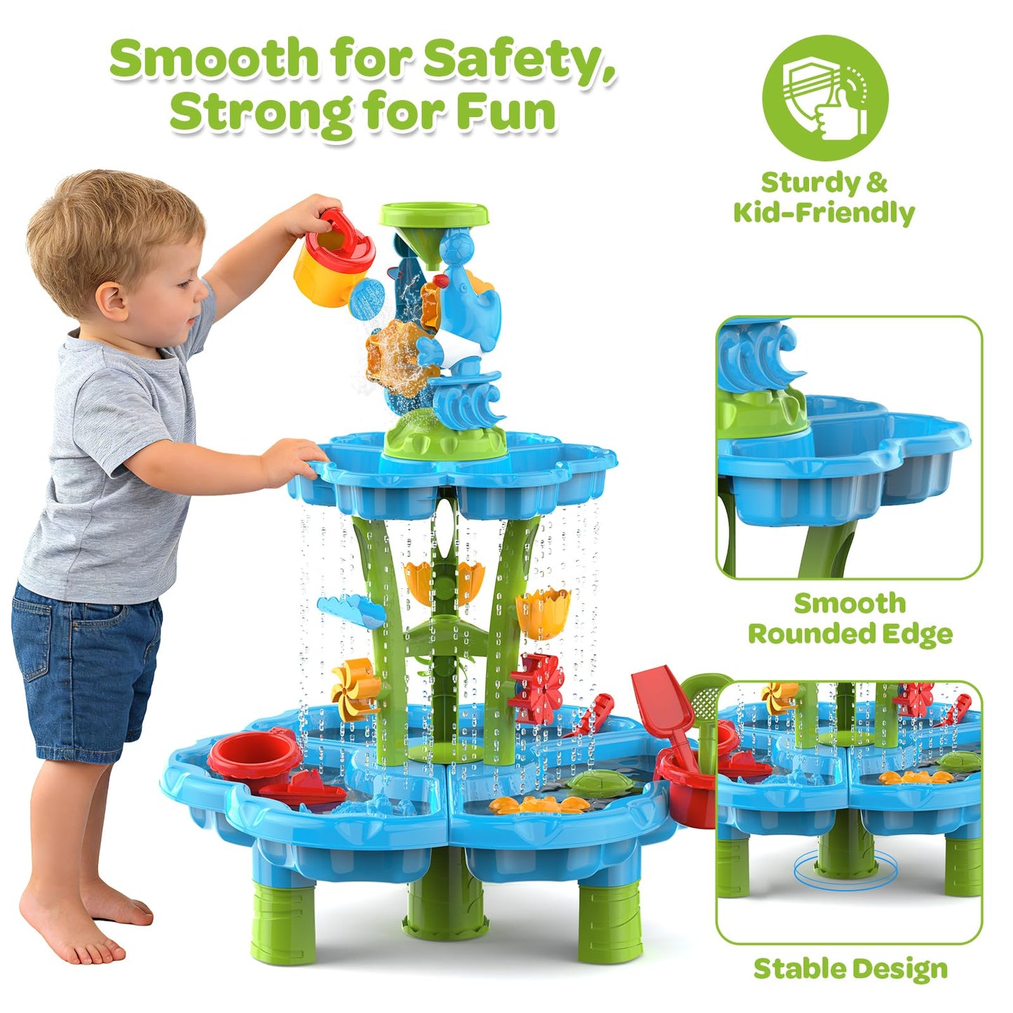 JSDOOGOO 3-Tier Kids Toddlers Water Sand Table - Multifunctional Summer Outdoor Toys with Stable Design,Sensory Learning Backyard Poolside Beach Activity Playset Gift for Boys Girls(Azure)