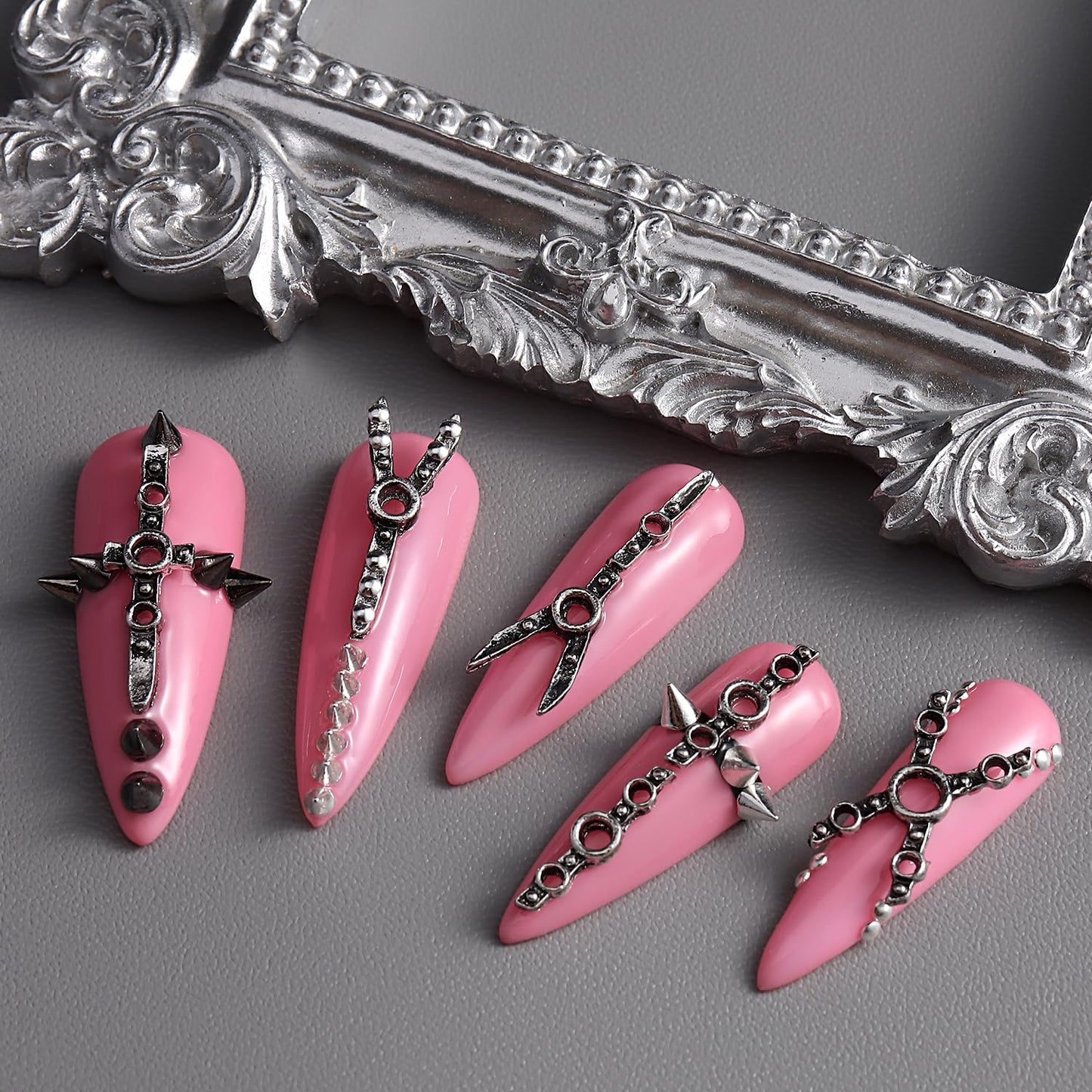 Furtherpretty Gothic Nail Charms Set, 3D Metal Punk Bondage Nail Accessories with Silver Spikes & Rivet Studs, Y2K Hollow Harness Strap and Belt Buckle Designs, Goth Nail Art Decorations with Tweezers