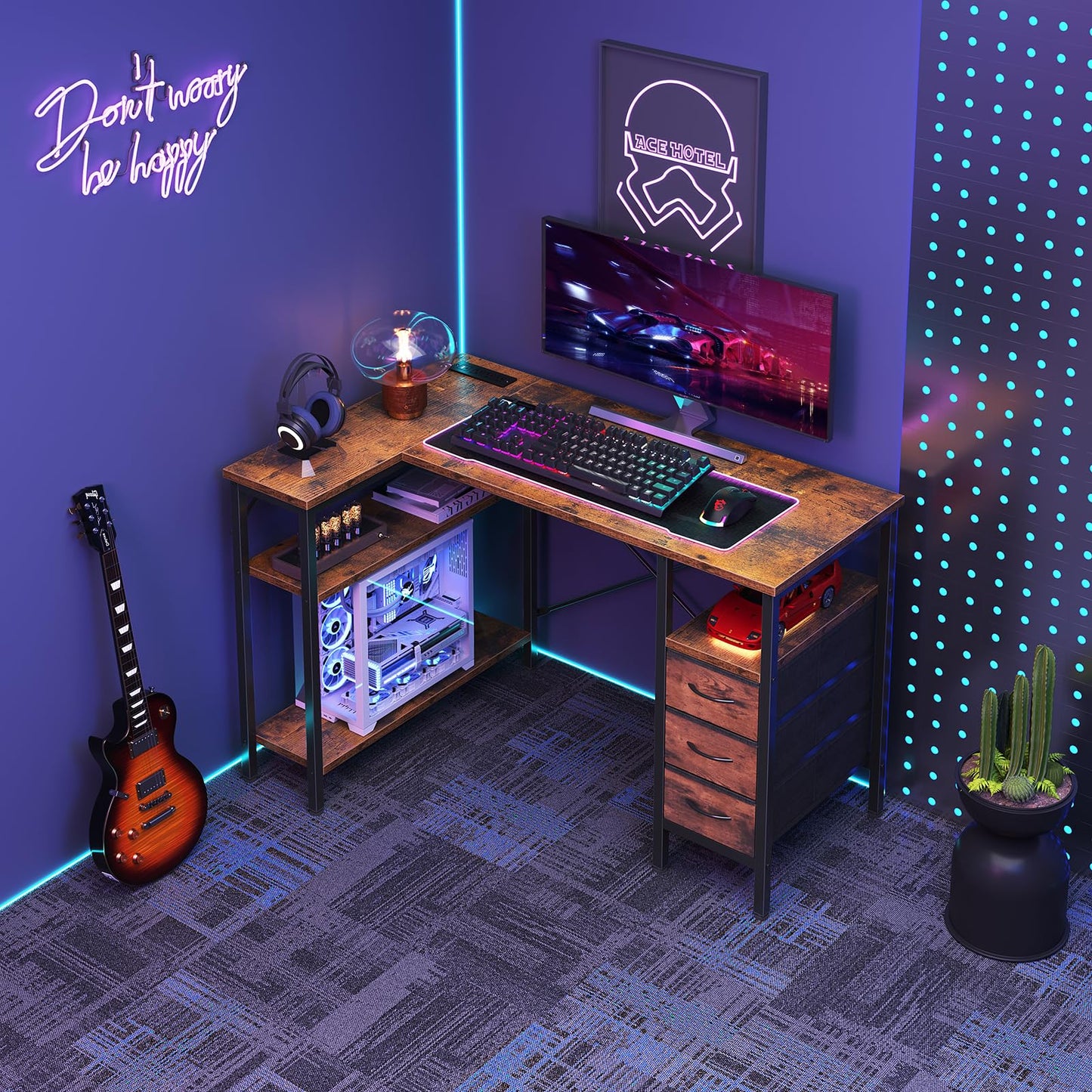 DUMOS L Shaped Desk with Shelf Drawers 47 Inch, Brown Corner Computer Desks Gaming with Power Outlet, Study Table with Adjustable Shelves, Home Office Tables for Bedroom Teacher Reading Writing