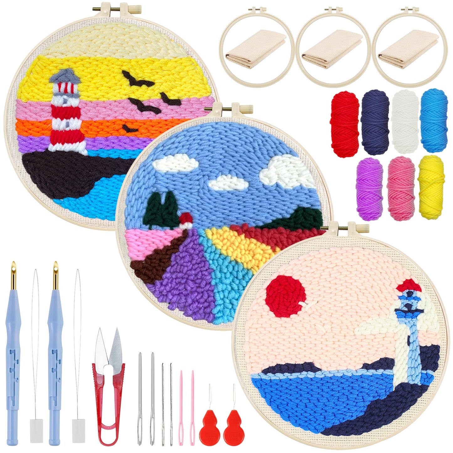Woohome Punch Needle Kit Included Plastic Hoops, Punch Needle Cloth, Color Yarn and Punch Needle Tools for Adults, Beginners (Lighthouses and Flower Fields)