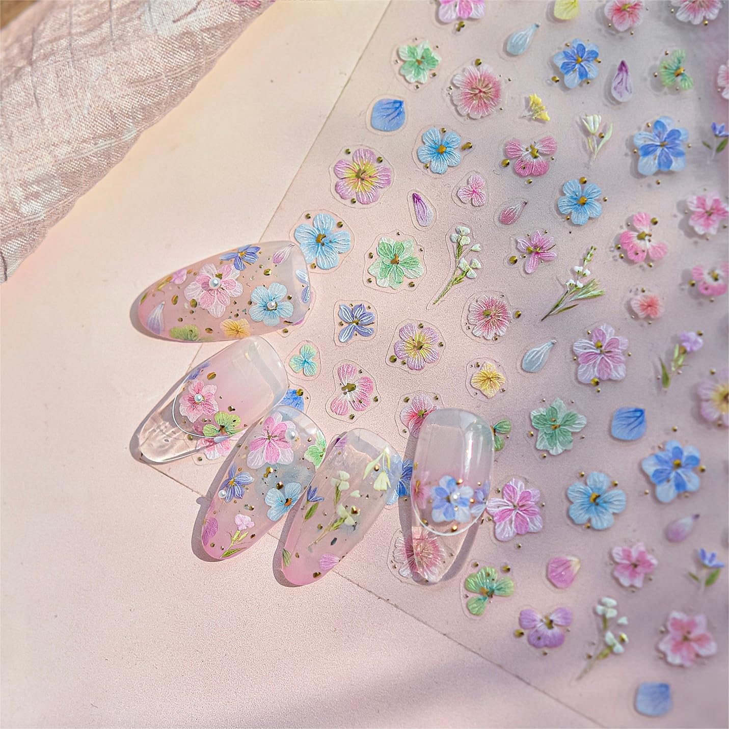 Phuryllic 3D Nail Stickers for Nail Art, Embossed Self-Adhesive Cute Nail Charms & Decals for DIY Nails, Easy-to-Apply Nail Design Supplies & Accessories for Home Manicure-Pink&Blue Flower