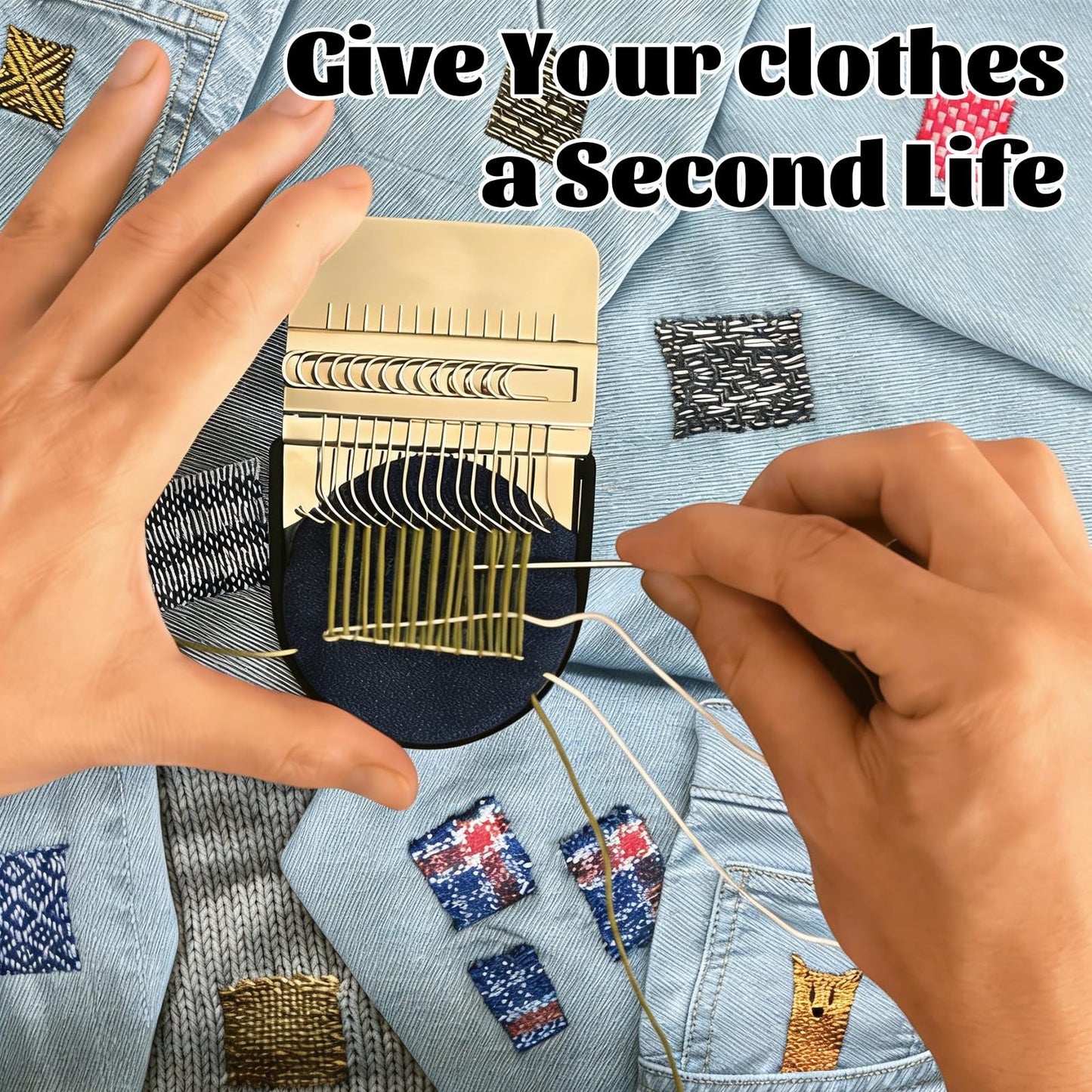 Knit Patch Patchmaker 2.0 Kit,Mini Darning Loom with 14 Hooks Small Weaving Loom 14 PCS Large Eye Needles & 50 Color Threads Weaving Repair Tool Darning Kit for Beginners Repair Jeans, Socks (1)