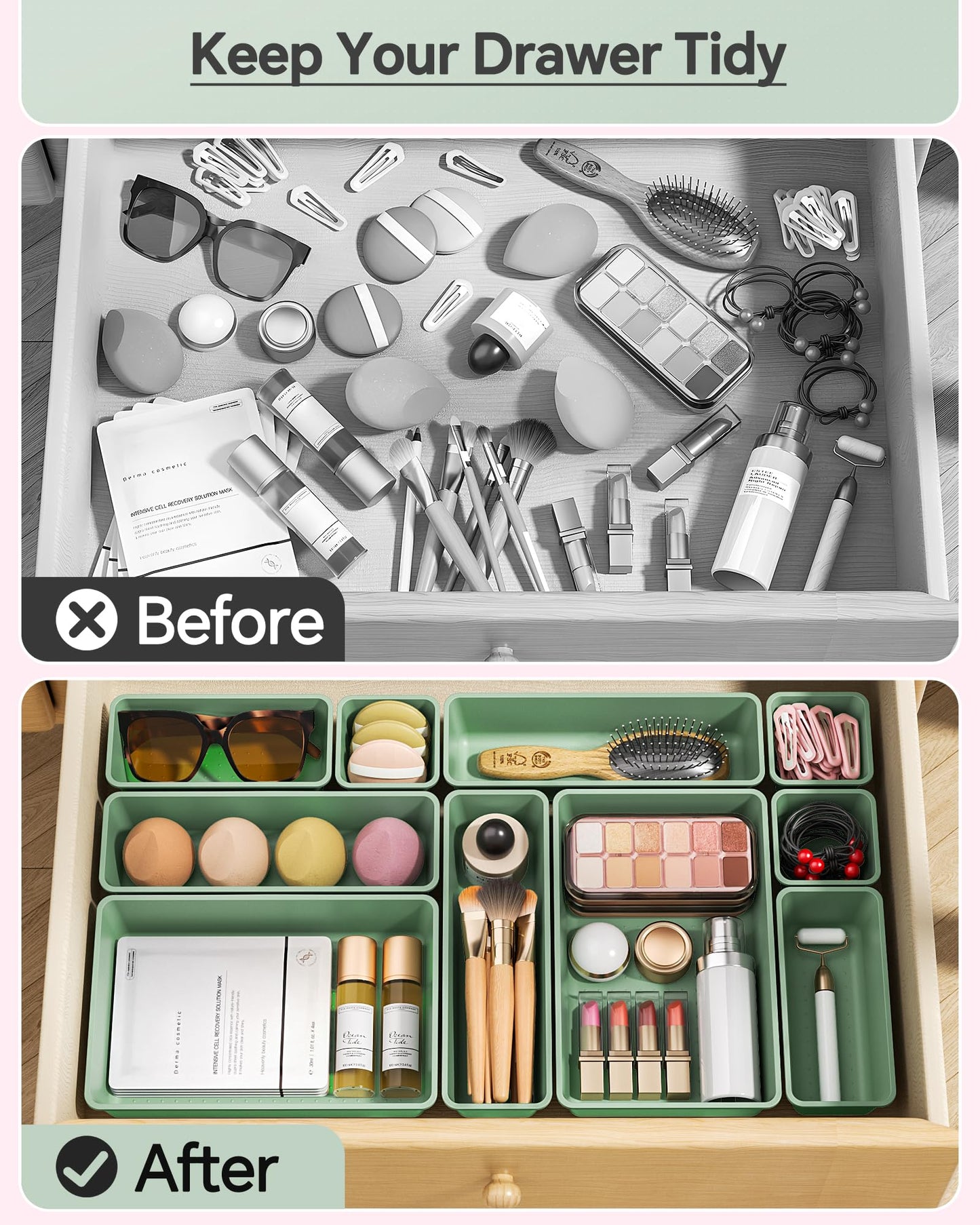 KEMETHY 25 PCS Plastic Drawer Organizers Set, 4 Sizes Vanity Organizer, Makeup and Desk Drawer Organizer Trays, Organization and Storage for Makeup, Bathroom, Kitchen Utensils and Office (Green)