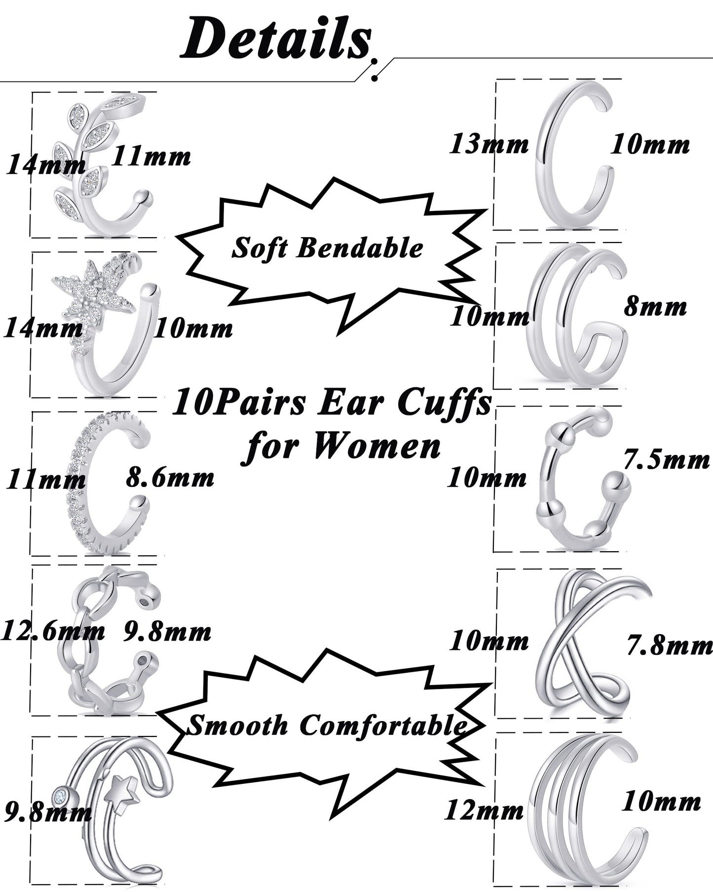Tornito 4-10 Pairs Ear Cuff Helix Cartilage Clip On Wrap Earrings Fake Nose Ring Non-Piercing Adjustable (A7:10Pairs, Silver Tone)