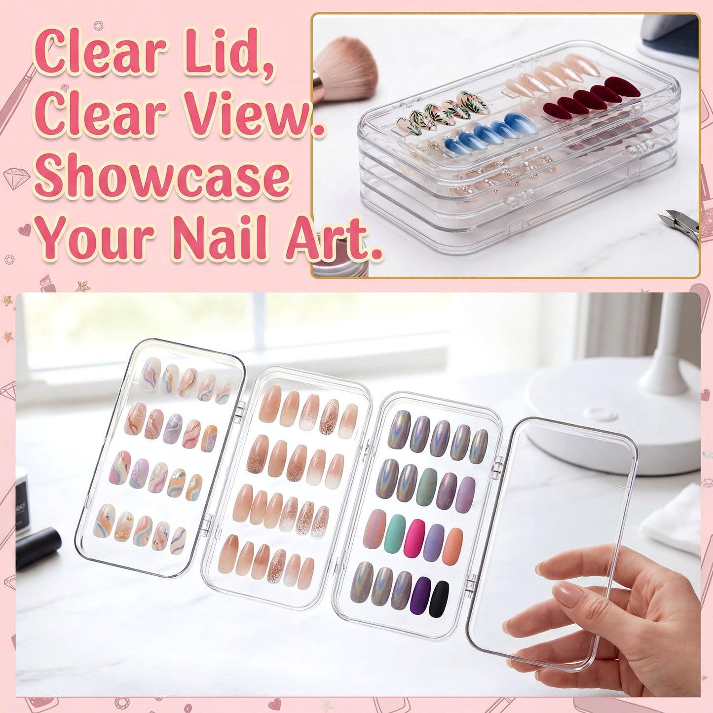 Ferrochef 2 Pcs Tri-Fold Press on Nail Storage with 60 Pcs Adhesive Double Sided Tape 4-Page Portable Box Clear Acrylic Press on Nail Stand Book Holder Packaging Cases for Display Salon Supplies
