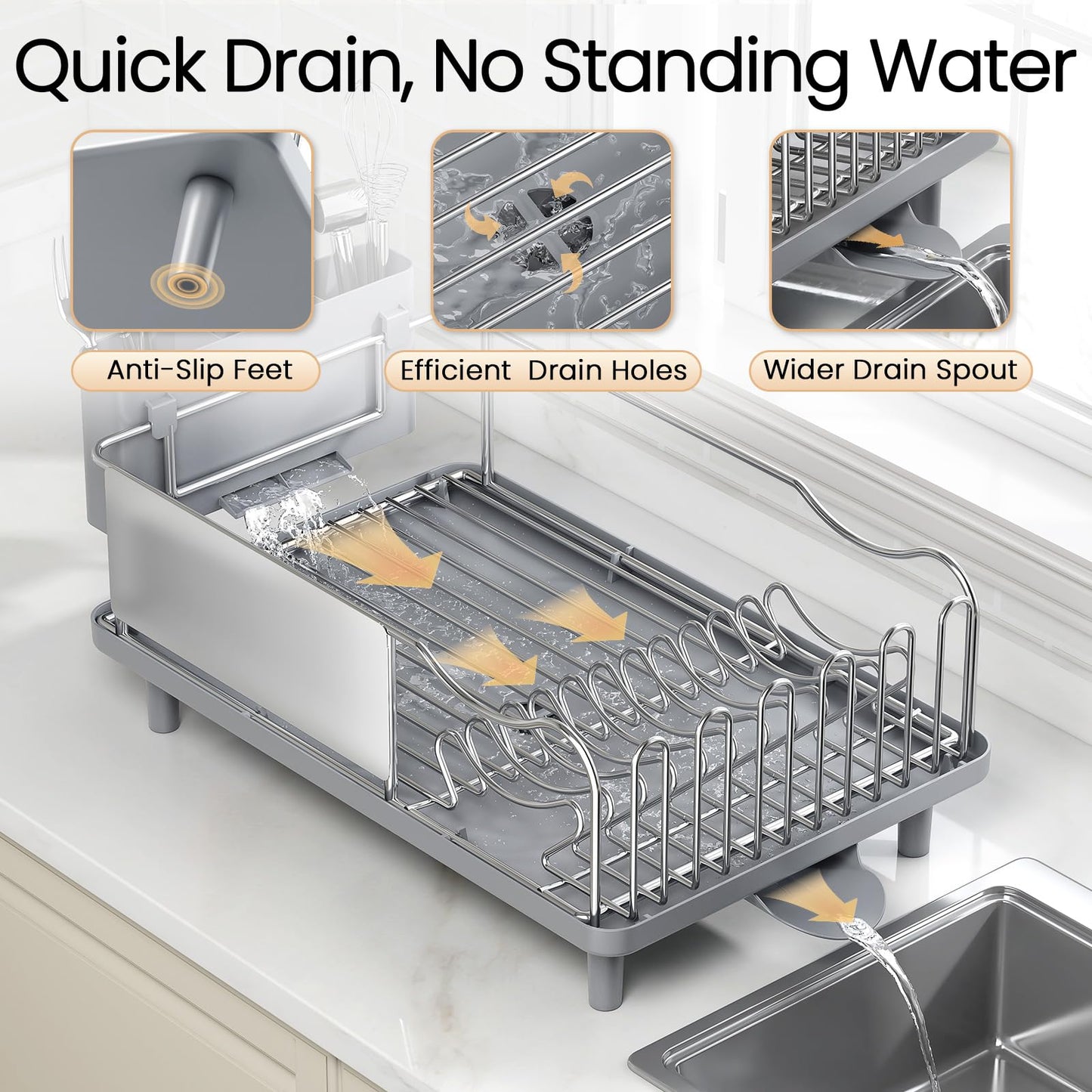 Dish Drying Rack Large Capacity - Stainless Steel Dish Rack for Kitchen Counter with Drain Board, Rustproof Dish Drainer with Auto Drain Spout Utensil Holder Glass Holder, Dinnerware Organizer, Gray