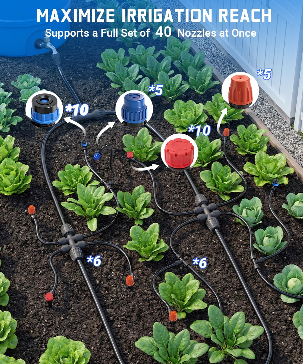 126FT Drip Irrigation System Kit with 30 Adjustable Nozzles, Leak-Proof & Easy-Connect Irrigation Kit with 1/2" & 1/4" Tubing, for Garden Watering Greenhouse, Lawn, Indoor Pots(26FT+100FT)