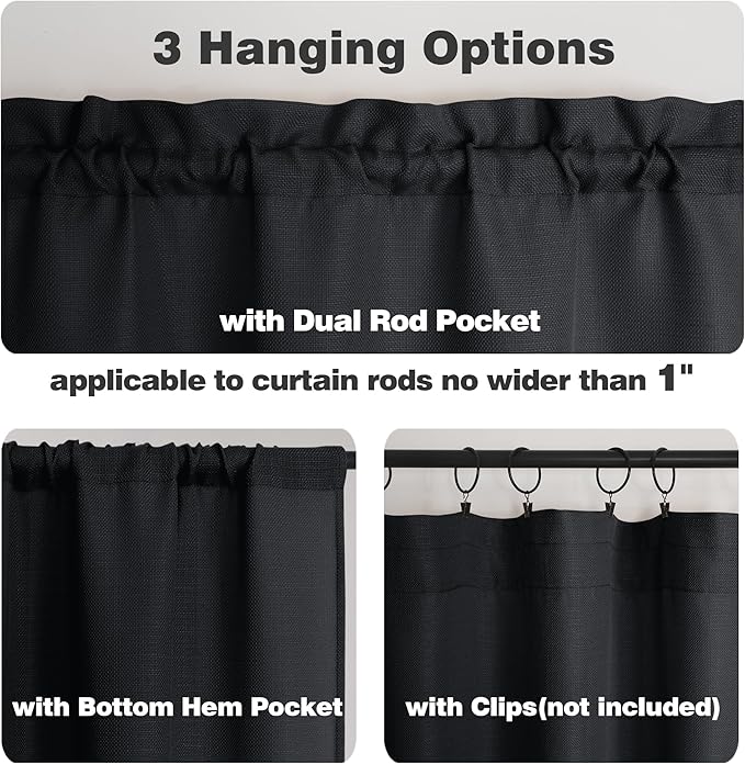 Chyhomenyc 2 Panels Small Cafe Curtains 24 Inch Length, Faux Linen Textured Half Window Curtains for Kitchen Bathroom Farmhouse Country, Light Filtering Black Short Curtains, Each 30x24 Inch