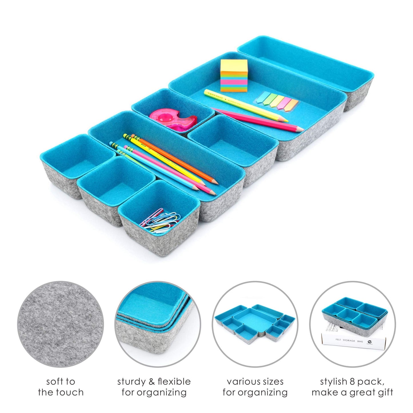Welaxy desk drawer organizer tray felt storage bin for home office entryway catchall key holder makeup crafts pens decluttering 8-piece gift Solution (Turquoise)