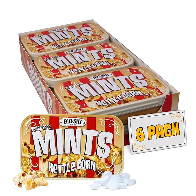 Big Sky Sugar Free Mints Kettlecorn| Sugarfree, No Artificial Colors or Flavors | Kosher Certified, Vegan, Gluten Free | Aspartame & Xylitol Free | 50 Count Tin (Pack of 6)