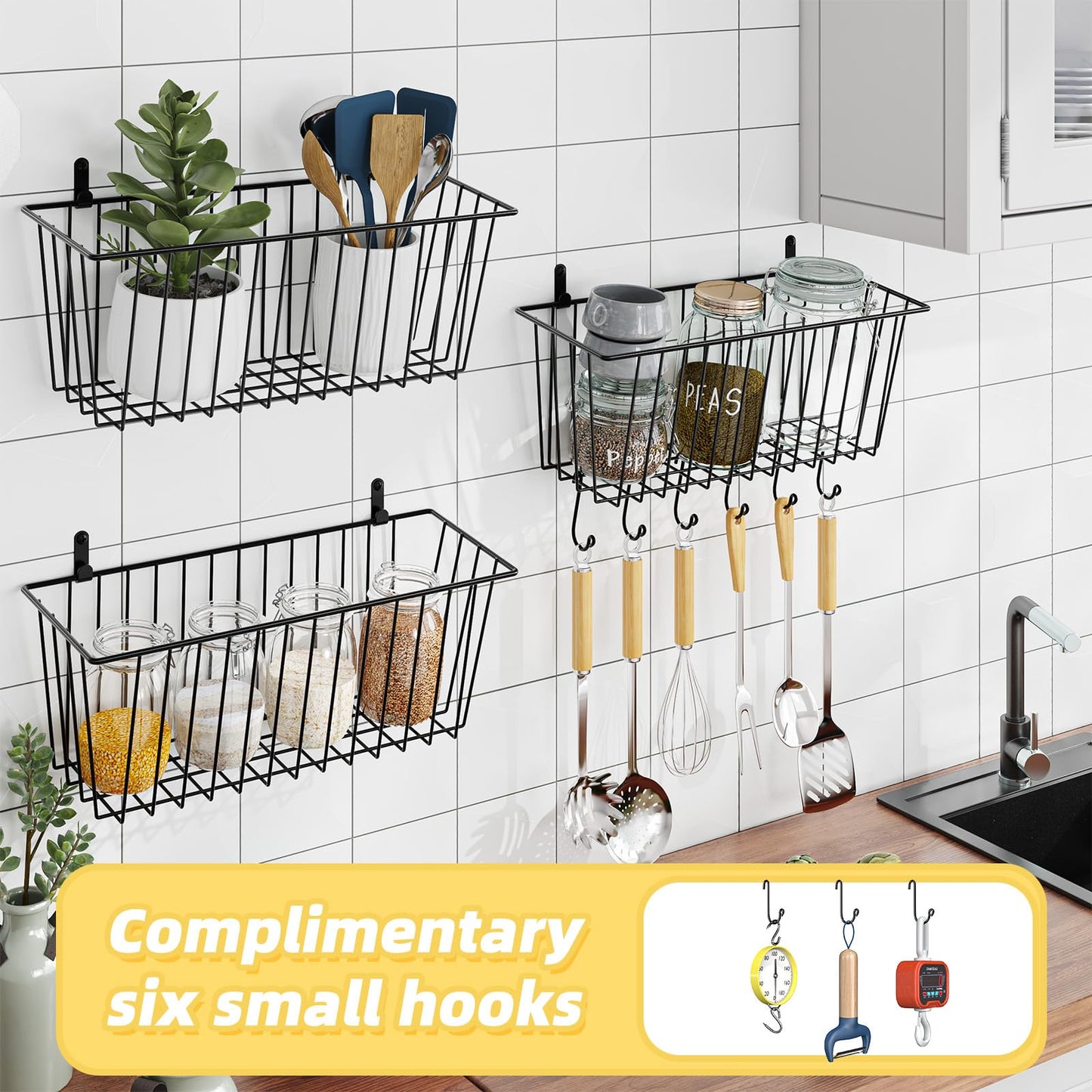 Simple Trending 6 Pack Wire Basket Wall Mount Baskets Hanging Baskets, Cabinets Organizer and Storage with Hooks for Kitchen, Garage and Bathroom