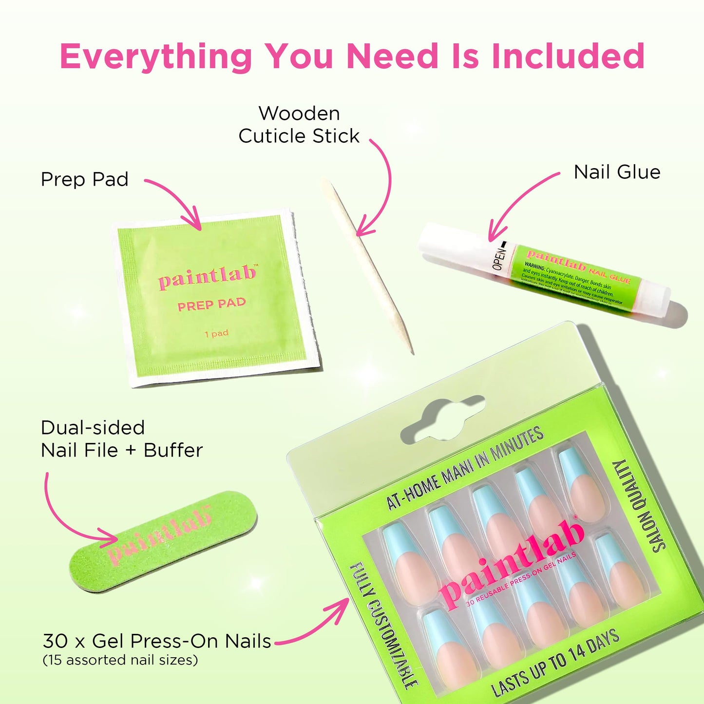 PaintLab Press-On Nails Manicure Kit, Baby Blue - Coffin, 30-Piece Set, Long-Lasting Fake Nails with Glue, File, Prep Pad & Cuticle Stick
