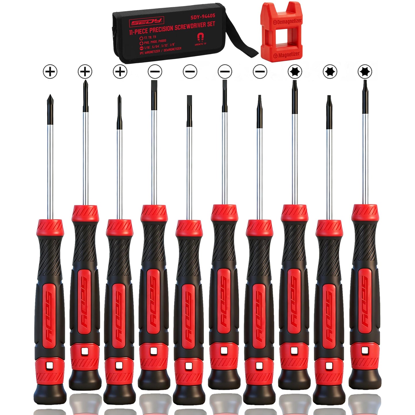 11-Piece Precision Screwdriver Set - Magnetic Mini Screwdrivers for Eyeglasses, Watches, Computers, Laptops, Phones - Phillips, Slotted, Torx, Non-Slip Handle, Portable Storage Bag Included