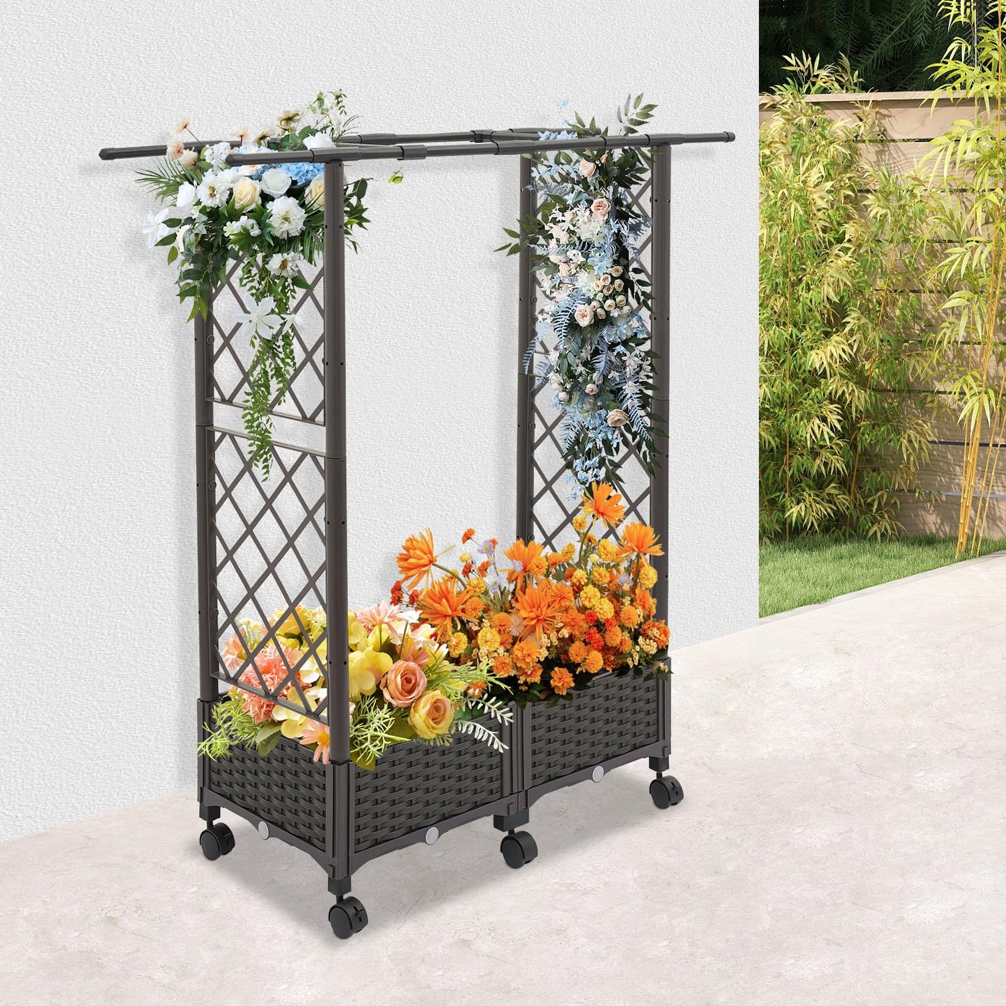TFCFL Planter with Trellis Raised Garden Beds,Trellis Planter Self-Watering Box with Wheels,Outdoor Vegetable Flower Privacy Planter Box for Backyard Balcony Patio