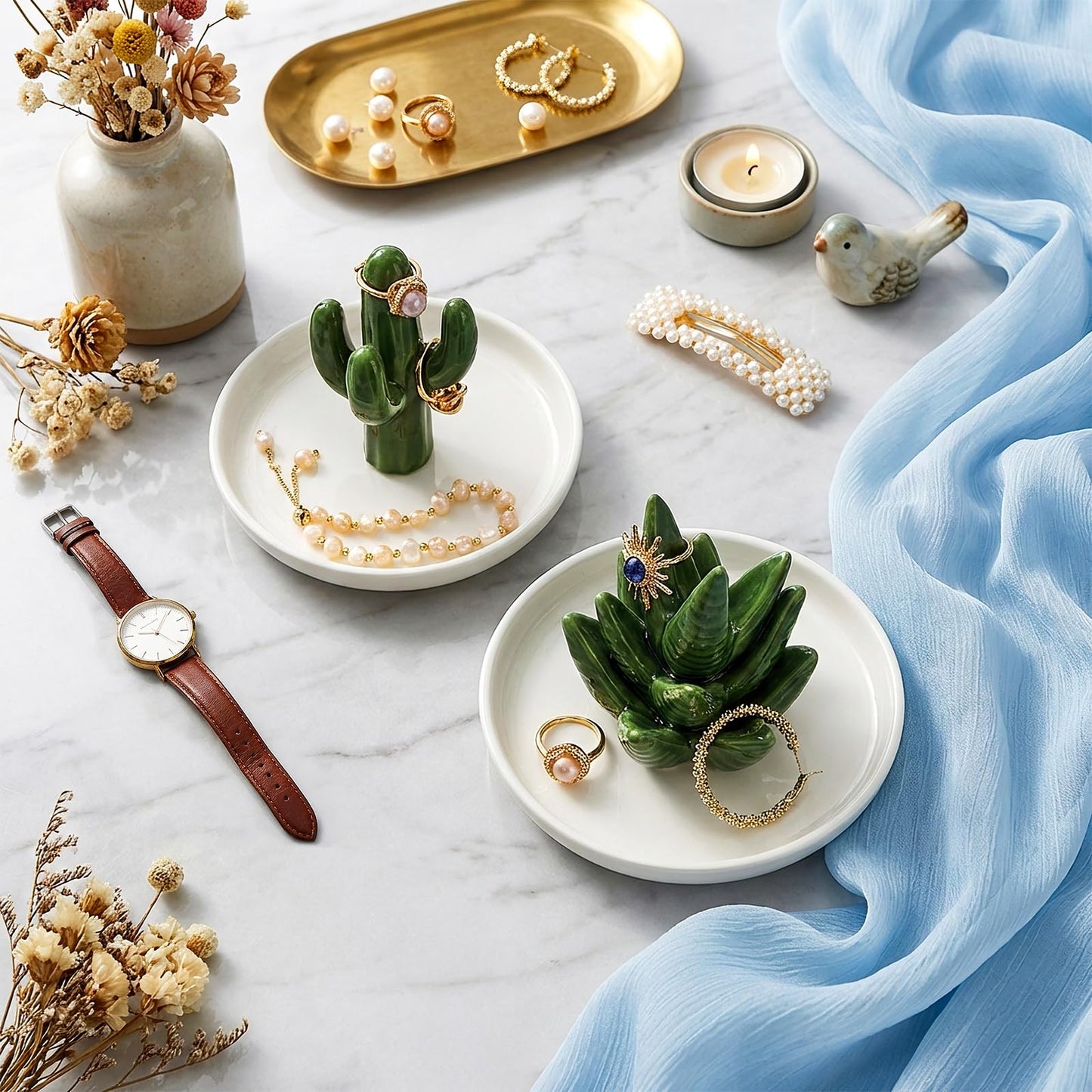 Elsjoy Set of 2 Ceramic Ring Holder Dish, Decorative Round Jewelry Display Trays, Aloe & Cactus Small Trinket Plate for Home, Gift, Mother's Day