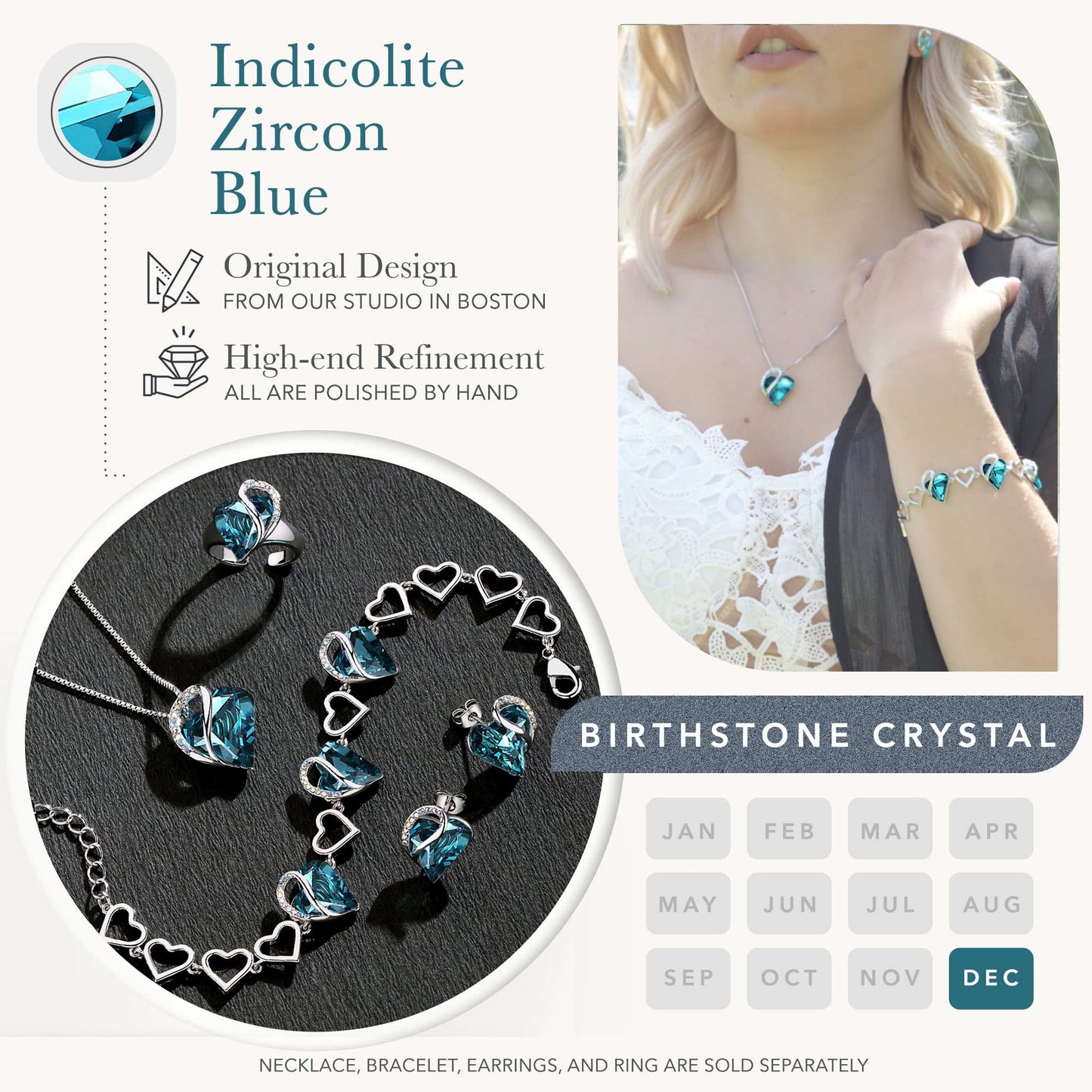 Leafael Infinity Love Heart Gift Bracelet for Women, December Birthstone Crystal, Indicolite Zircon Blue, Silver Tone, 7-inch Chain and 2-inch Extender