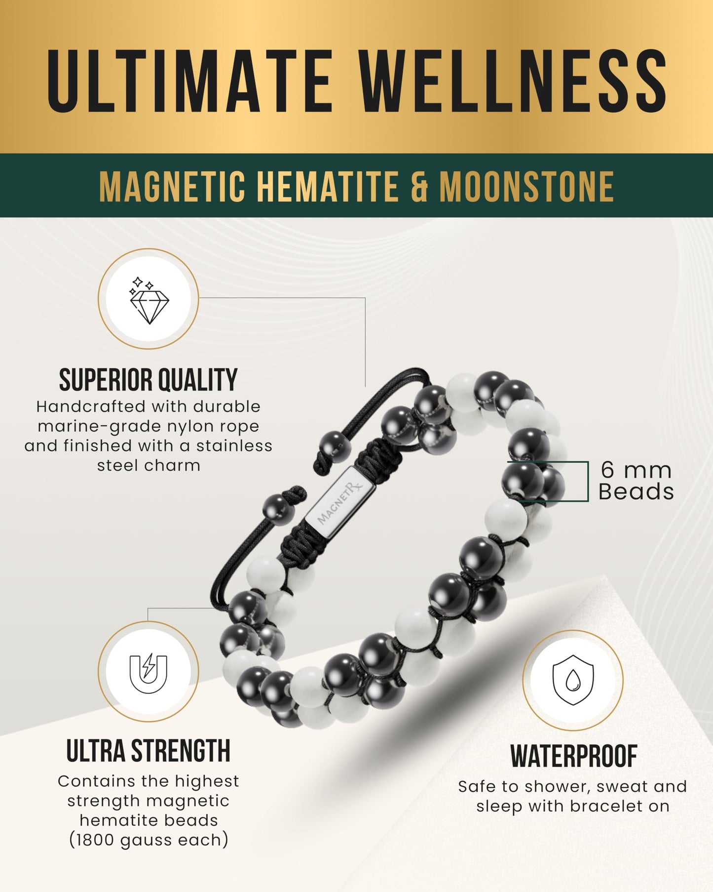 MagnetRX® Hematite & Moonstone Bracelet - MAX Strength Magnetic Hematite Bracelets - Natural Moonstone Crystals White Beaded Bracelets for Women