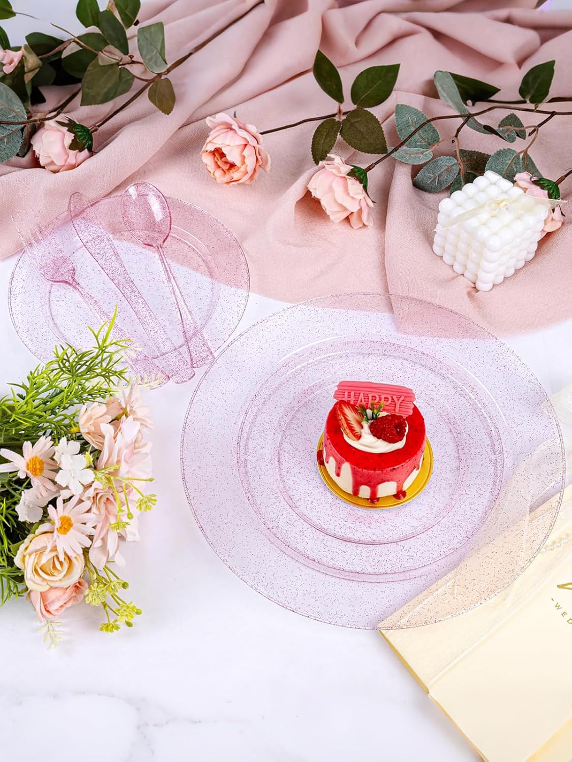 WDF 200PCS Pink Plastic Plates - Rose Gold Glitter Plastic Plates - Heavy Duty Pink Glitter Disposable Plates - Include 100 Dinner Plates 10" and 100 Dessert Plates 7" for Parties/Wedding