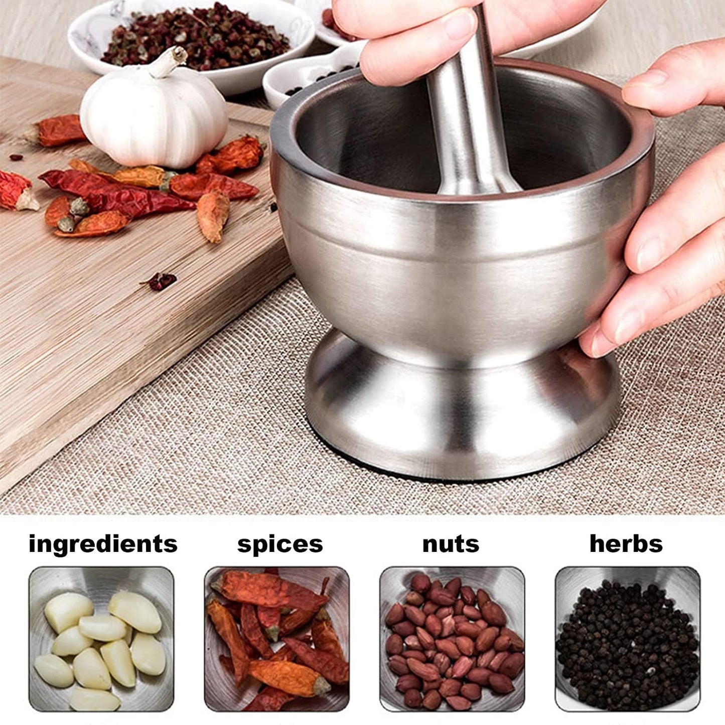 VABX-Purple Stainless Steel Mortar and Pestle Set with Lid and Anti Slip Base for Spice Medicine Grinder Coffee Bean Crusher(Small)