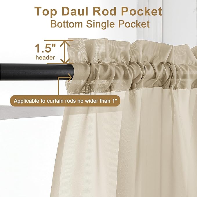 Chyhomenyc Sheer Taupe Valances for Windows 2 Pack, Small Window Curtains for Living Room Bathroom Cafe Laundry Basement, Modern Top Dual Rod Pocket Voile Curtain, 42W x 18L inches, Taupe